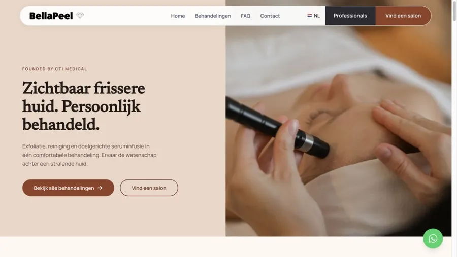 Homepage van BellaPeel, een voorbeeld van een website van OKKAI