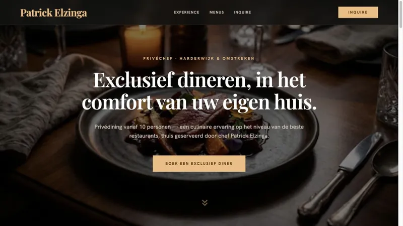 Websiteontwerp voor Patrick Elzinga met een donker decor en een culinair gerecht