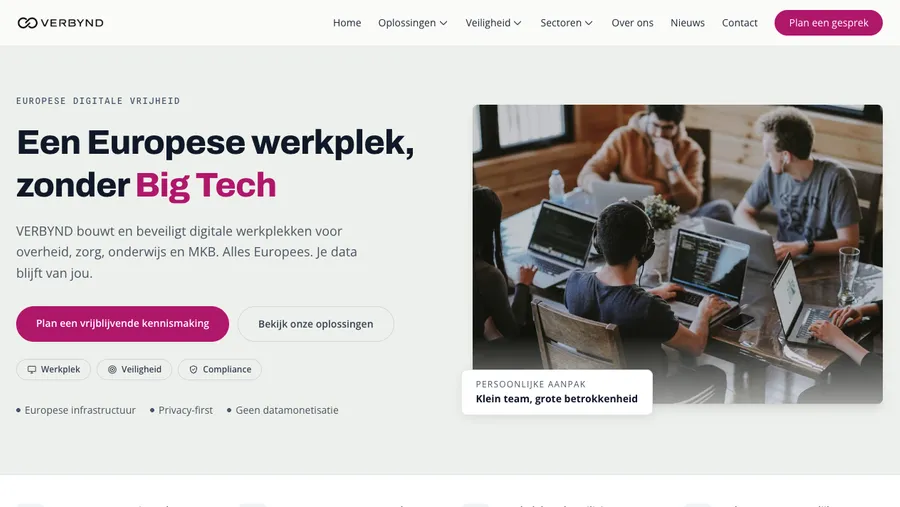 Homepage van VERBYND, een Europese digitale werkplek zonder Big Tech